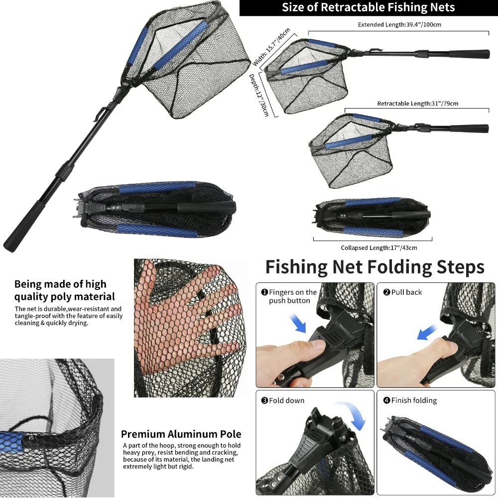 Salabre triangular plegable con mango telescópico para carpa y trucha