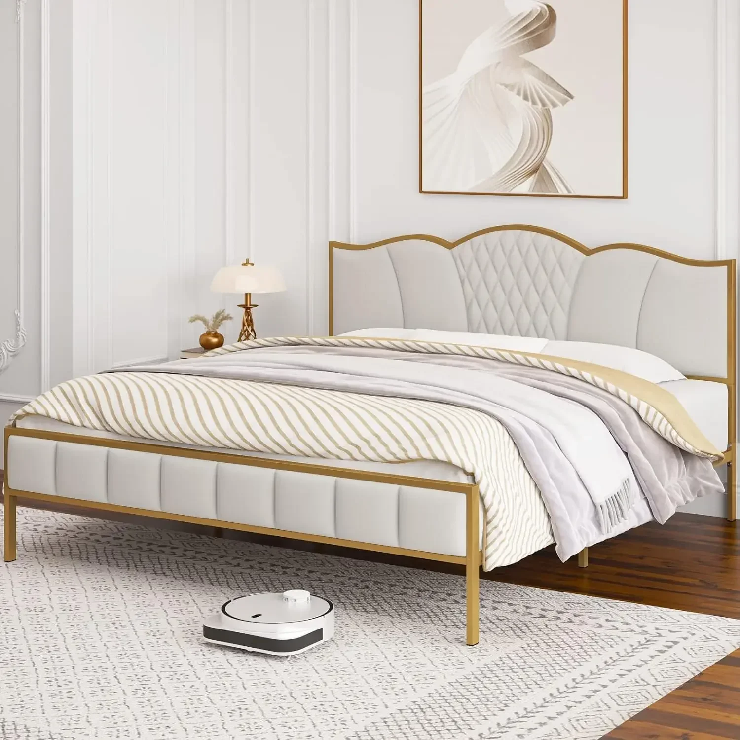 

Queen Size Bed Frame, Modern Upholstered Bed Frame with Tufted Headboard, Heavy Duty Platform Bed with Wood Slat Support