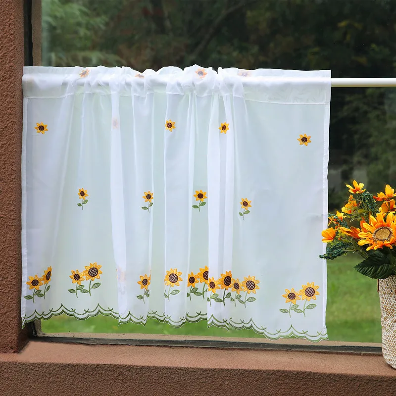 Embroidery Short Tulle Curtains for Living Room, Lace Half Curtains for Kitchen Bathroom Door, Home Drapes American Sunflower
