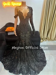 Black O N Long Prom Dresses For Black Girl Bead Crystal 2025 Birthday Luxury Dress Sequin Graduation Gown With Sleeve Customized