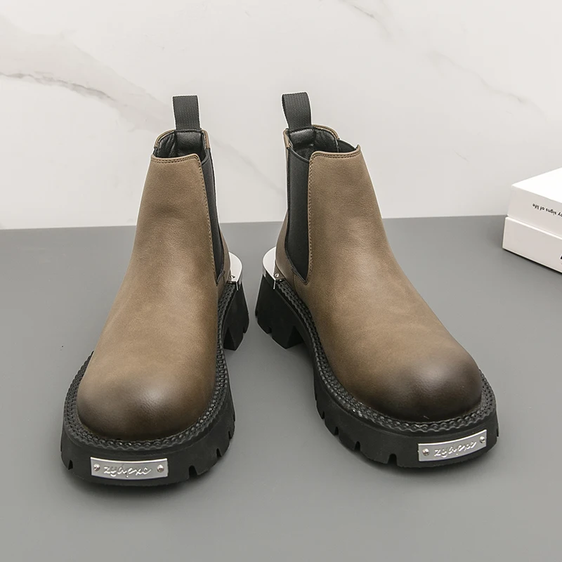 

Fashionable High Top Chelsea Boots Men PU Solid Color Thick Sole Comfortable Breathable Simple Classic Versatile Style