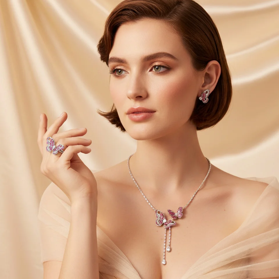 

New Fairy Butterfly Tassel Necklace Light Luxury Long Butterfly Dangle Earrings Elegant Jewelry Set Wholesale
