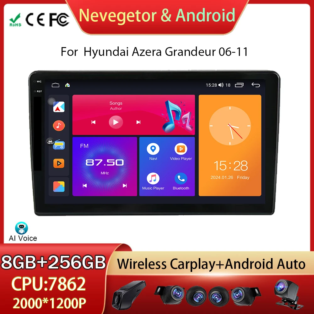 For Hyundai Azera Grandeur 06-11 WIFI Car Radio Multimedia Video Player GPS Stereo Navigation Android 13 Auto No 2din HDR DVD