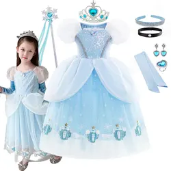 Fairy Cinderella Dress Christmas Princess Ball Gown Girls Festival Light Blue Party Frock Toddler Cinderella Cosplay Halloween