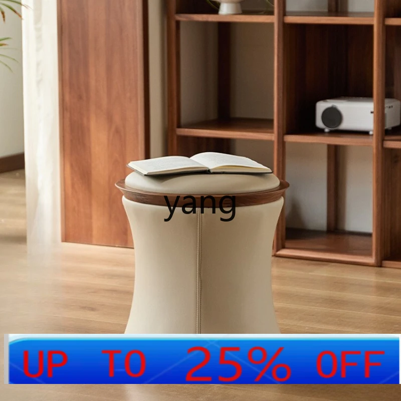 

LMM black walnut leather round stool simple living room sofa stool casual home shoe changing stool