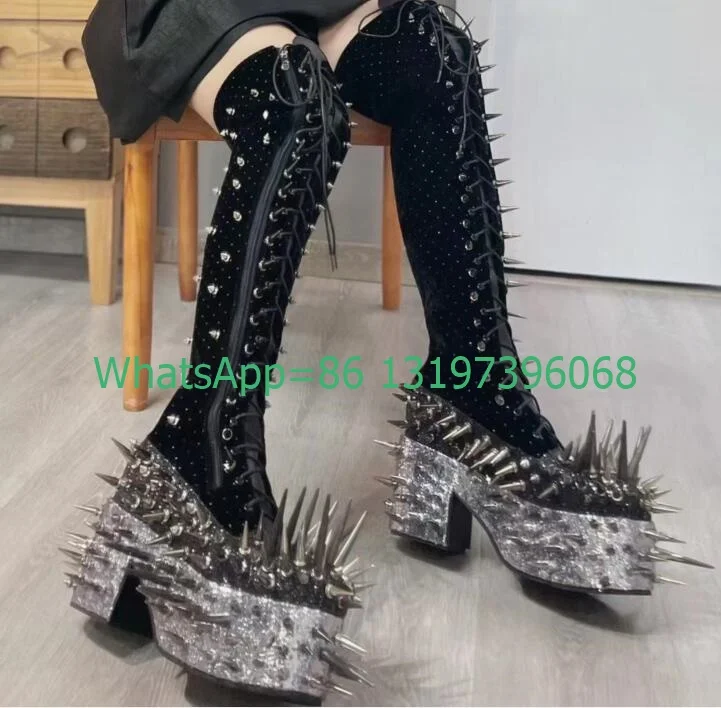 Lady Metal Gothic Style Studed Suede Sequins Platform Boots Chunky Heel Super Rievt Sliver Cowboy Punk Boots Lace-Up Boots Size