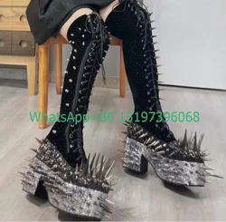 Lady Metal Gothic Style Studed Suede Sequins Platform Boots Chunky Heel Super Rievt Sliver Cowboy Punk Boots Lace-Up Boots Size