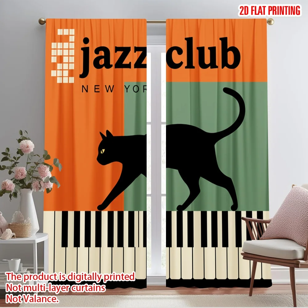 

2pcs 2D flat printing Window Curtains Black Cat Jazz NYC 100% Polyester Fabric Without Electricity Seasonal Party & Holiday