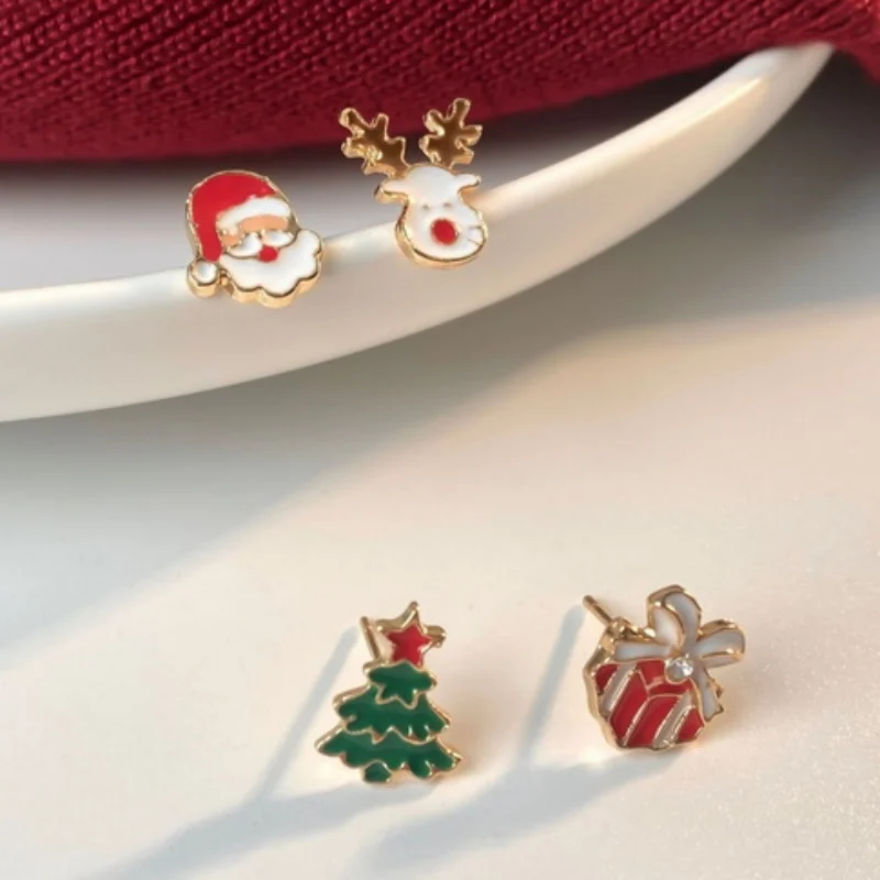 4 Pcs/set Cute Small Enamel Christmas Earrings for Women Trendy Santa Claus Elk Xmas Tree Stud Earrings Girls Party Jewelry Gift