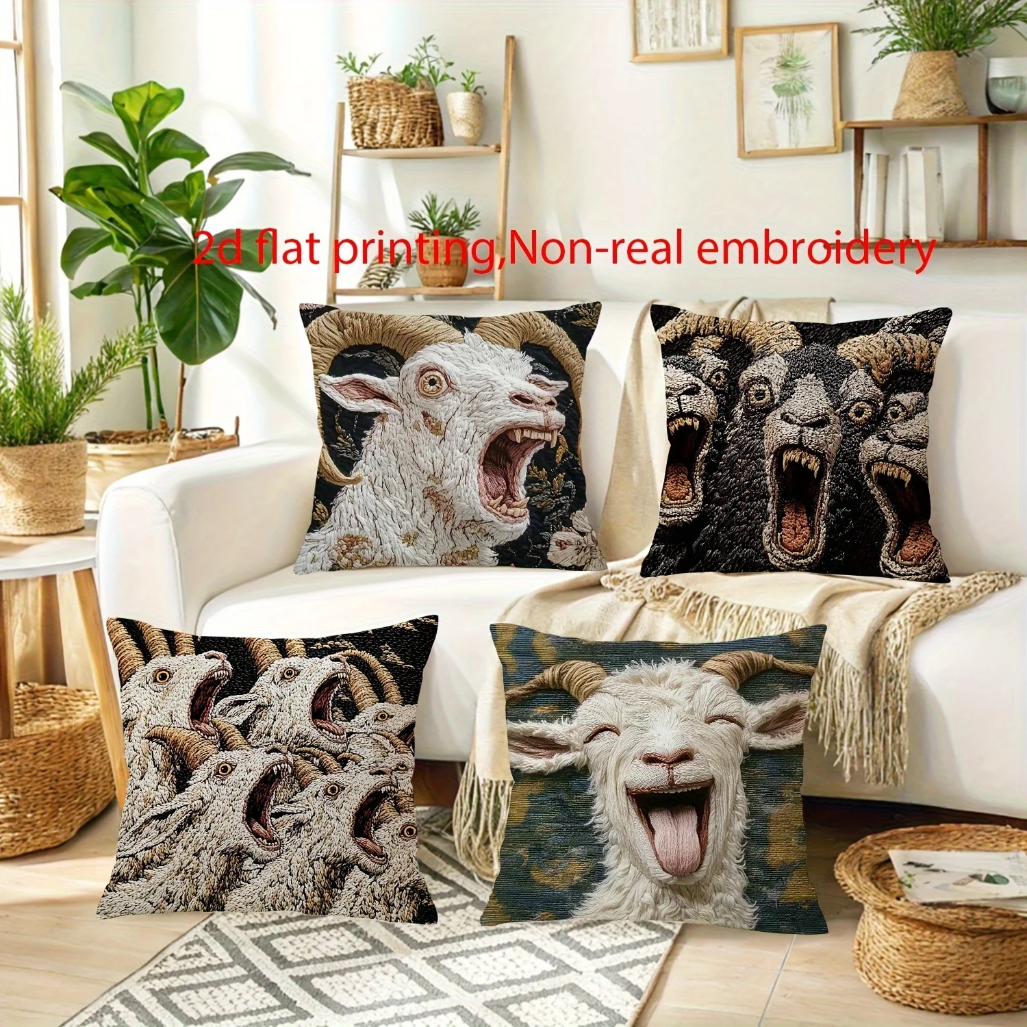 4pcs Vintage Screaming Goat Throw Pillow Covers Modern Print Cushion Cases for Sofa Living Room Decor Pillowcase