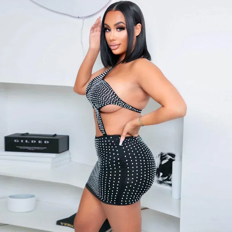 GUWU Hot Rhinestones Cut Out Halter Backless Sleeveless Bodycon Mini Dress  Sexy Party Club Diamonds Women Dresses