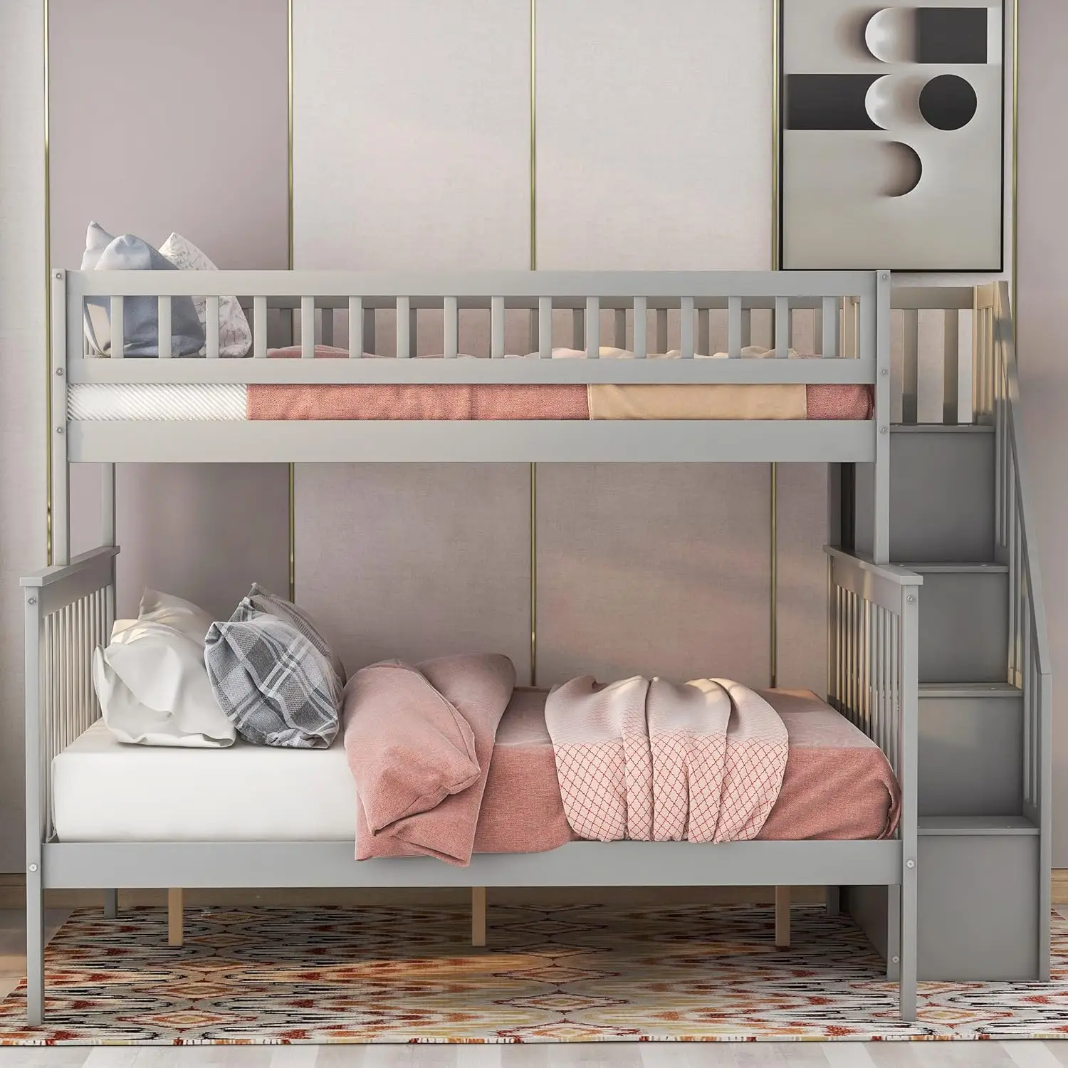

Twin Over Full Bunk Bed with Storage Stairs Wooden Frame Shelves Guardrails Slats Support Kids Teens Grey