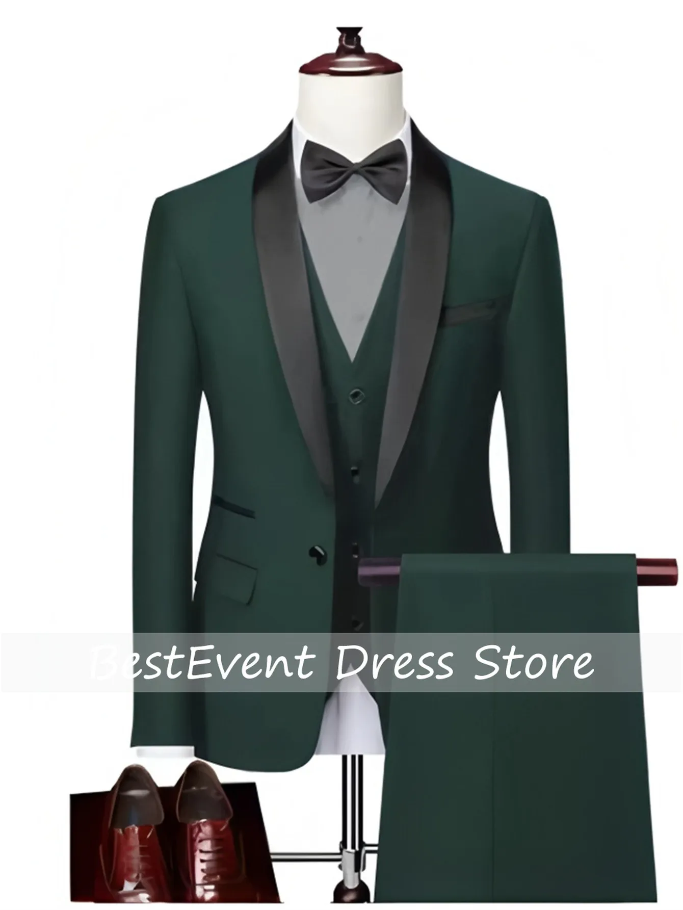 Men'S Green Leaf Collar Three-piece Formal Suit Contrasting Color Design Tailored Fit Includes Vest  Suitable Customized