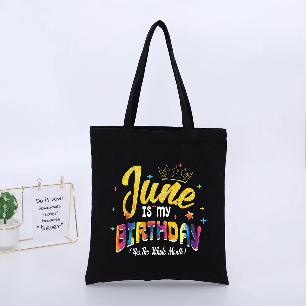 June Birthday Typography Canvas Tote Bag, Casual Style for Summer Celebrations and Daily Use