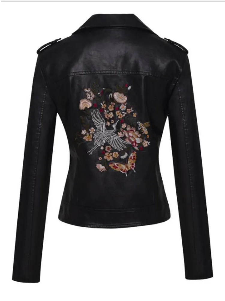 Women Patchwork Leather Jackets Flower Embroidery Rivets Short Section Pu Leather Small Jackets Casual Motorcycle Coats