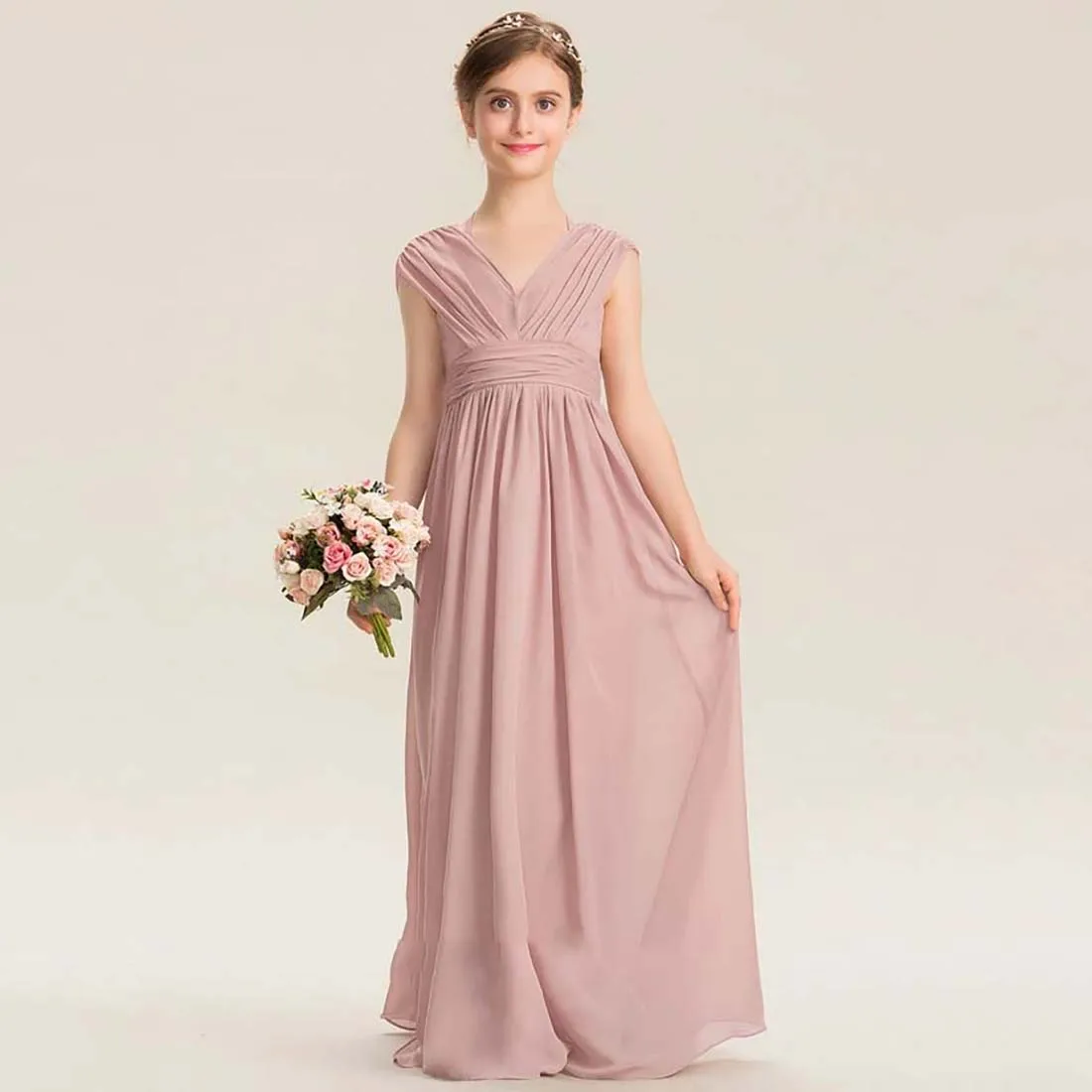 YZYmanualroom Chiffon Junior Bridesmaid Dress With Bow A-line V-Neck Floor-Length 2-15T