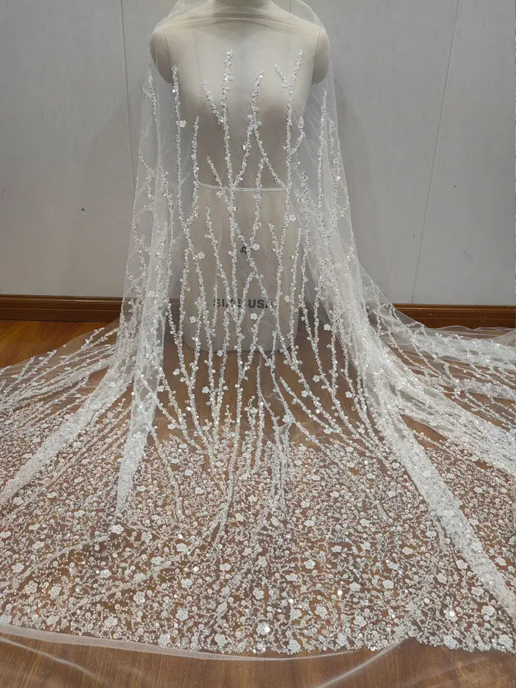 DIY Customizable Lace Tulle Trim with Classic Small Floral Pattern and Silver Studded Embroidered Sequins Leaf Style