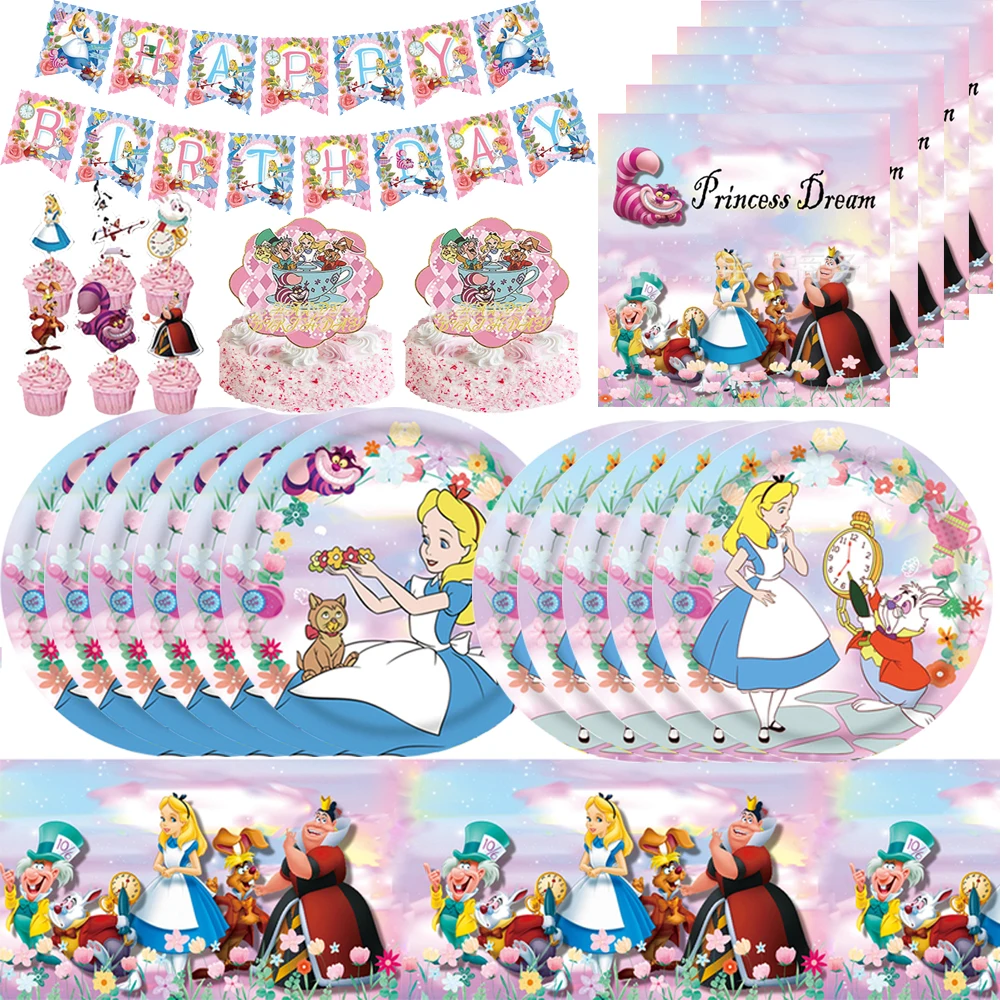 Disney Alice in Wonderland Party Supplies Balloons Cup Plates Napkins Tableware For Kids Baby Shower Birthday Party Decoration