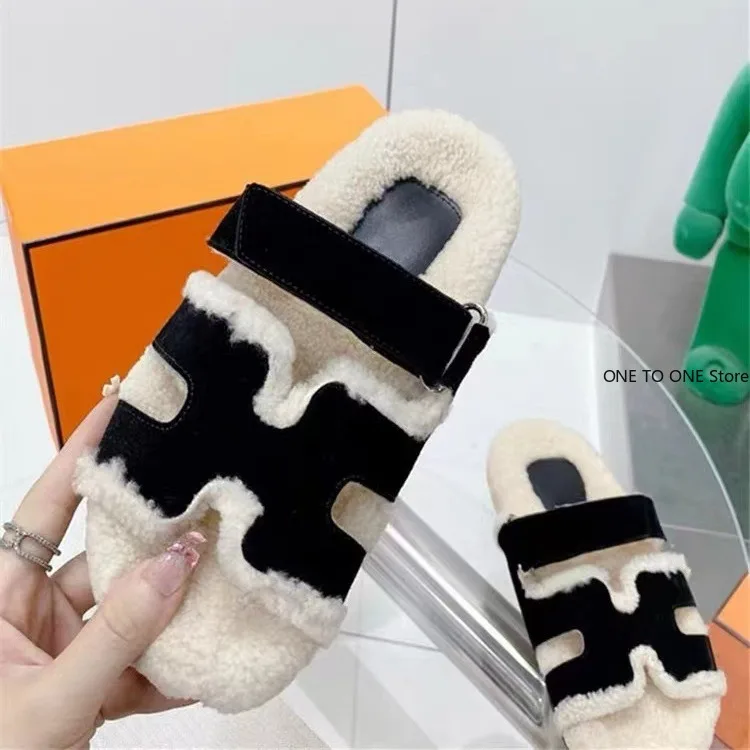 Med Shoes Womens Slippers Outdoor Slides Pantofle Flock Platform Fur Flip Flops 2024 Flat Plush Autumn Fabric Rome Shoes House