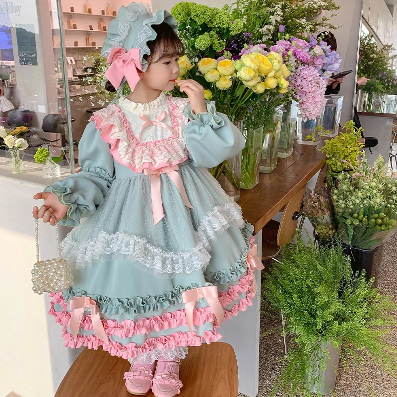 Spring Autumn New Spanish Vintage Lolita Ball Gown Bow Mesh Design Birthday Party Easter Princess Dresses for Girl