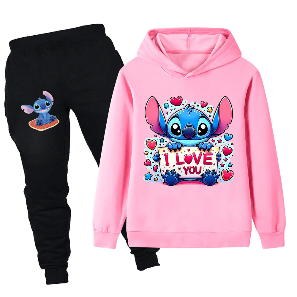 

Cartoon cute Disney Stitch print kids fashion suit boys girls fall and winter outdoor leisure sports top + pants two-piece set