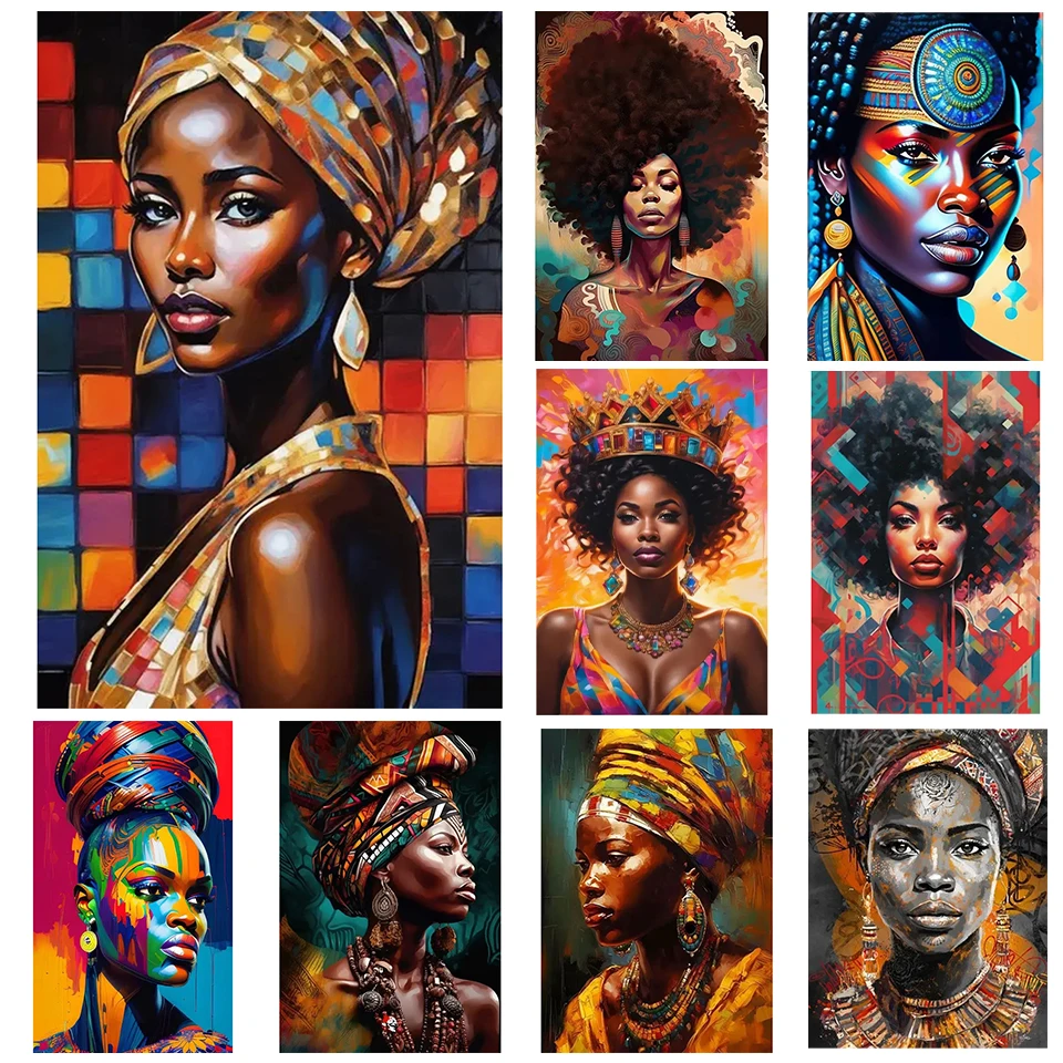 5DDIY Diamond Painting African Black Female Portrait Wall Art Mosaic Embroidery Girl Colored Painting Living Room Decoration