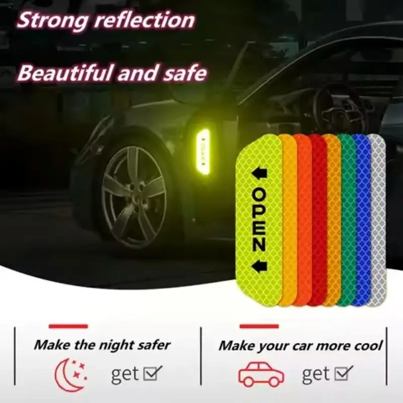 

4Pcs Night Fluorescent Safety Warning Tape Stickers Car Door Stickers Universal Safety Warning Mark OPEN High Reflective Strips