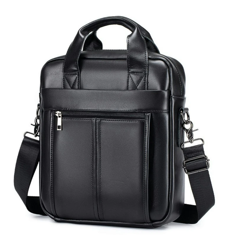 Men Genuine Leather Shoulder Bag Multi Pocket Crossbody Messenger Bag Business Travel Handbag with Top Handle Black