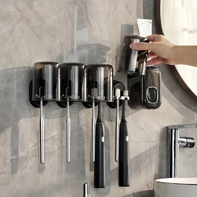 

1pc toothbrush rack electric toothbrush mouthwash cup punch-free wall-mounted household toothbrush cup rack Toothpaste squeezer