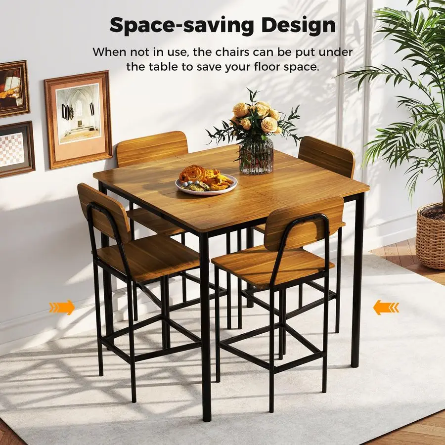 5Piece Dining Table Set for Small Space, Kitchen Table and Chairs Set for 4 with Steel Frame, Square Breakfast Table Set, Indust
