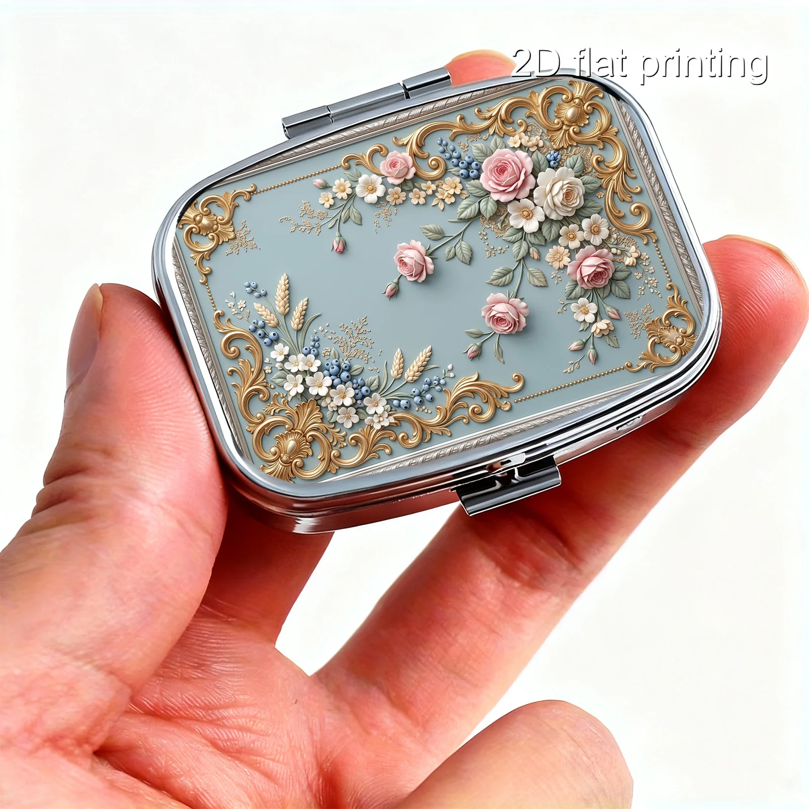Flat Printing, Portable Mini Double-Compartment Pill Box, Light Blue Background with Gold-Powder Rose Floral Print, Travel Medicine Storage Box, Sealed and Moisture-Proof, Capsule Vitamin Storage Box, Portable Small Pill Box