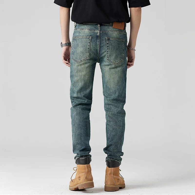 2024 New washed retro blue embroidered jeans men's street fashion slim fit skinny motorcycle trousers