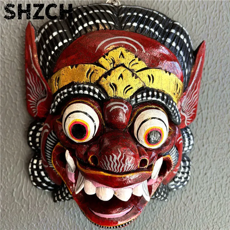 Bali Style Wooden Mask Wall Decor, Hand Carved Hanging Ornament for Hotel, Rustic Bar Art Plaque, Exotic Home Wall Hanging