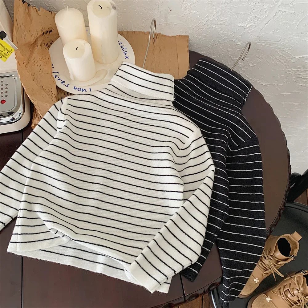 Children Sweater 2023 Autumn Winter Korean Style Striped Turtleneck Sweater High Elastic Casual Simple Kids Sweater Base Shirt