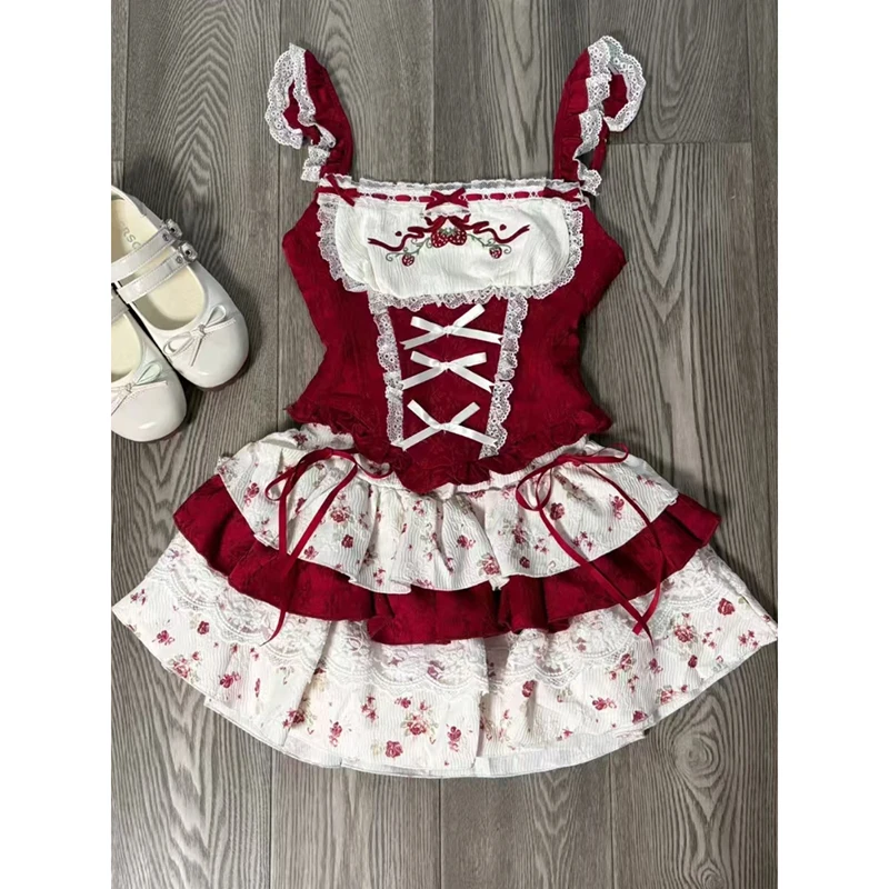 

Fashion Sweet Preppy Style Two Piece Sets Women Sexy Lace Patchwork Bow Tops + Y2K Slim A Line Cake Mini Skirts Kawaii Outifits
