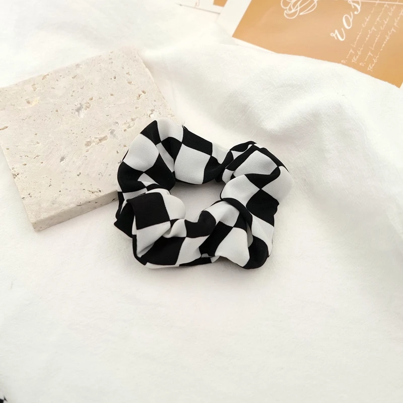 Modern Checkerboard Scrunchies Black and White Hair Rope Large Intestine Circle Hair Ties Wide Fabric Hair Accessories for Women