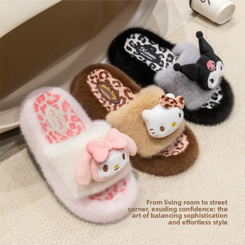 

Adorable Kit Leopard Print Plu Cotton Slippers Cozy Indoor Home Slippers for Girls Warmth Home Fabric Footwear