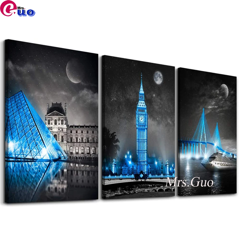 Blue Stylish Building 5d Diamond Painting Triptych Full Square/Round Diamond Embroidery Building Rhinestone Mosaic Wall Decor