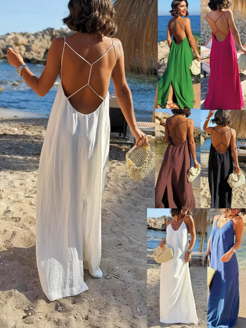 Women’s Casual Loose Backless Vacation Dress Beach Midi Dress Summer Fashion Relaxed Fit Sundress