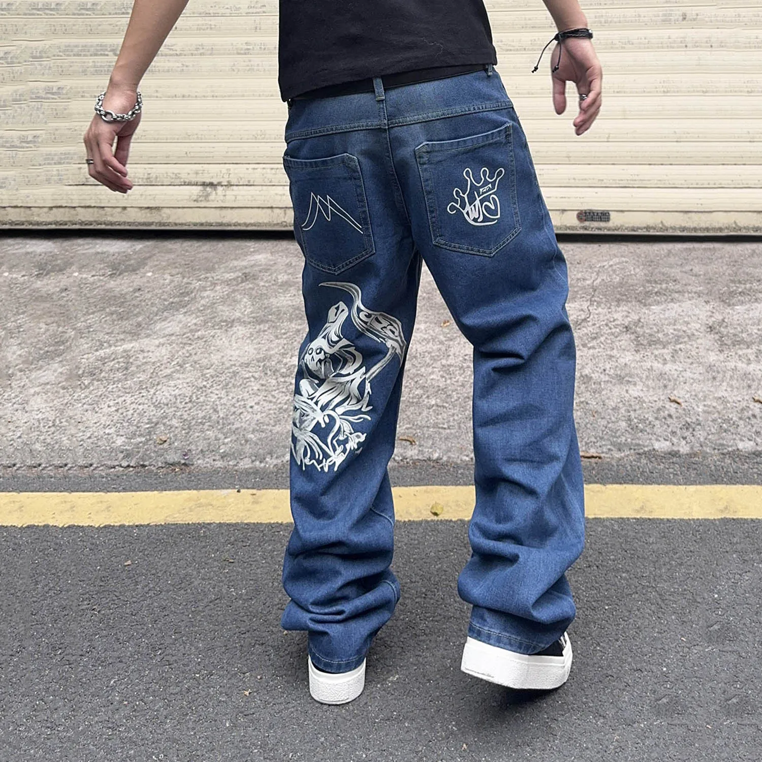 

New Hip-Hop Style Men's Street Fashion Personality Skeleton Pattern Loose Wide Leg Men's Casual Straight Leg Jeans Baggy Pants
