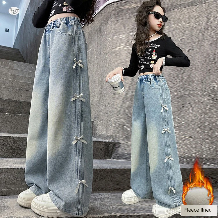 

Girls' Warm Fleece Jeans with Side Bow Tie and Wide-Leg Causal Pants Autumn and Winter Style Medium-Large Girls 5-15Y