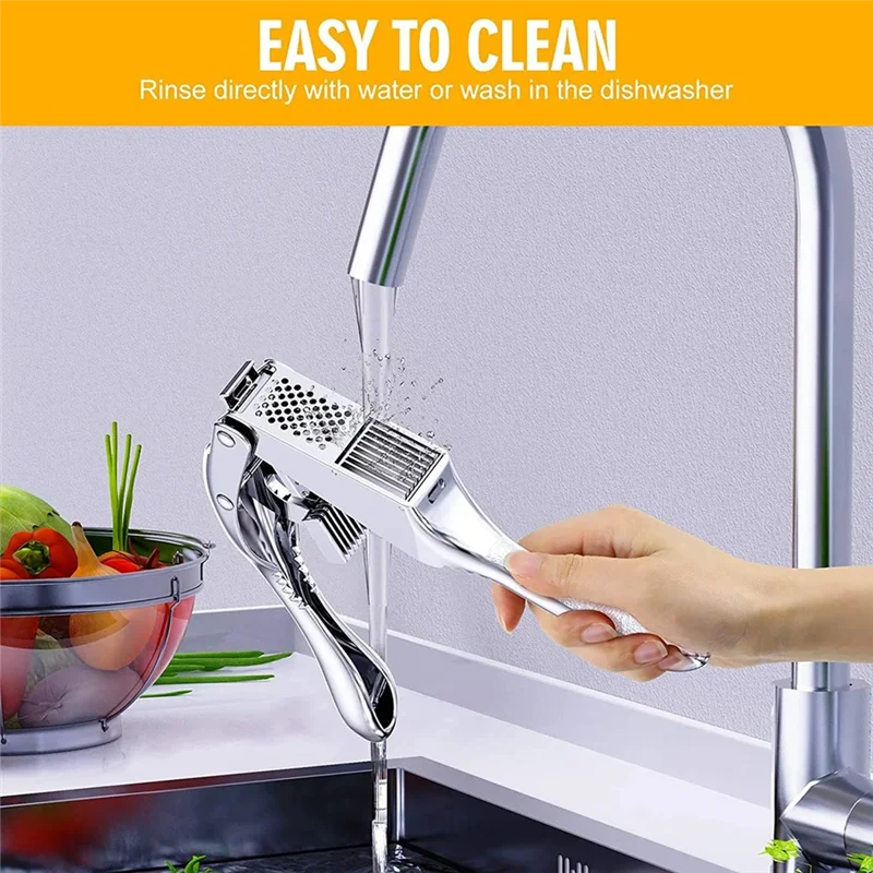 

ABWR-Garlic Press And Slicer 2-In-1 Stainless Steel, Dual Function Garlic Mincer And Crusher, Handheld Garlic Squeezer
