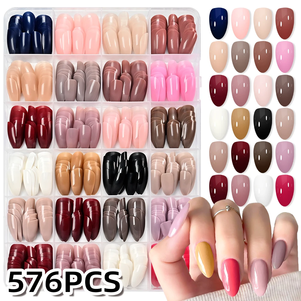 

24Colors(576pcs) Glossy Short Almond Press-On Nails Assorted Sizes Fake Nail Full Cover False Nail Tip for Daily Chic Party Wear