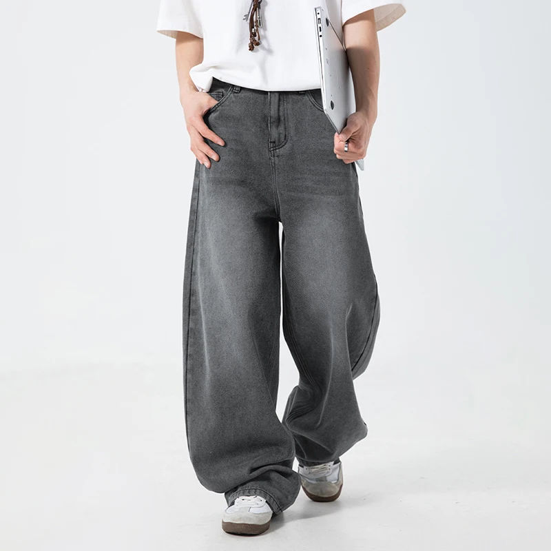 الكورية نمط خمر الجينز الرجال بنطال ذو قصة أرجل واسعة مستقيم الساق السراويل مرونة الخصر السراويل الفضفاضة موضة عادية الدينيم الجينز #4