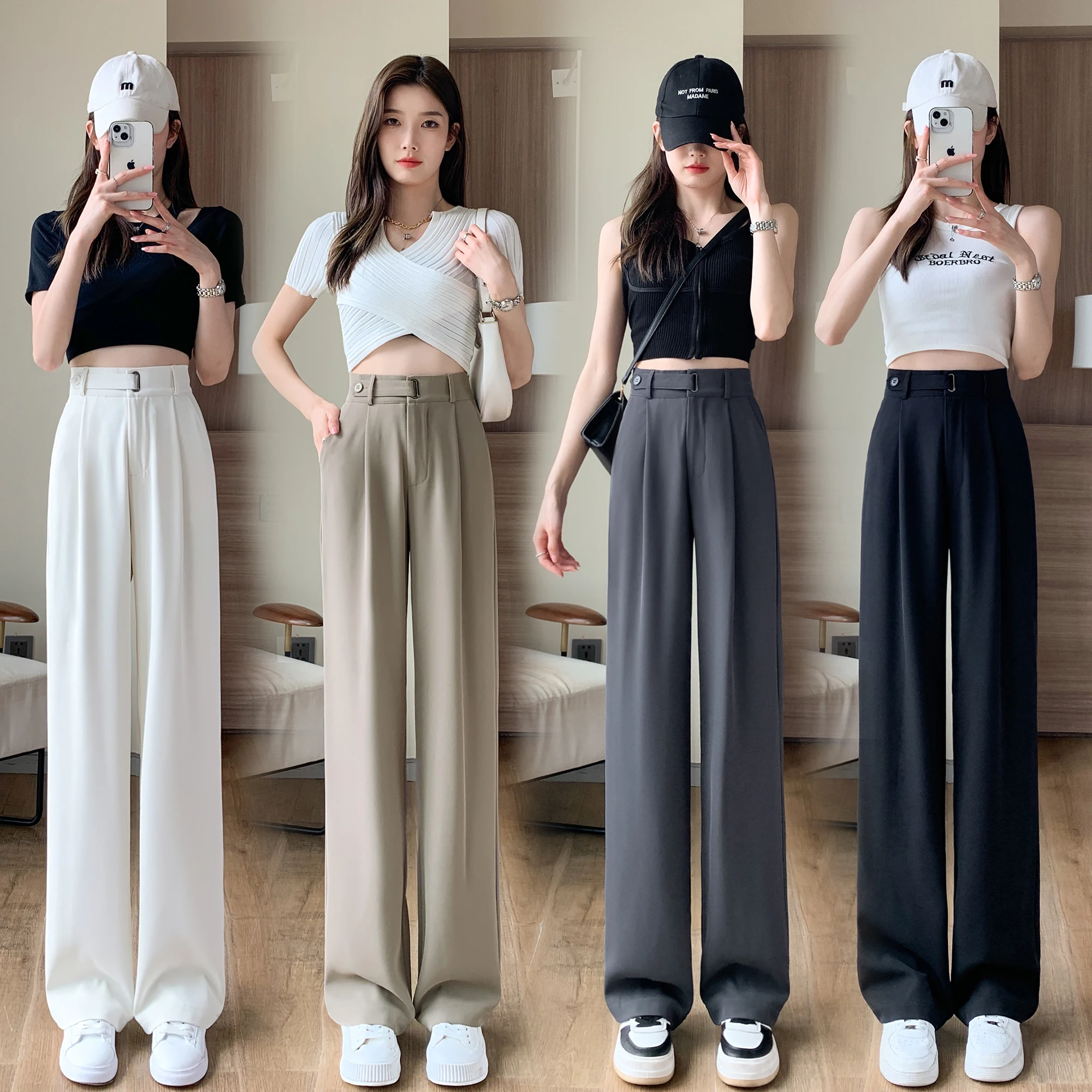 2024 New High Waist Suit Wide Leg Women's Full Pants Buttons Spring Summer Female Elegant Minimalism Straight Loose Trousers