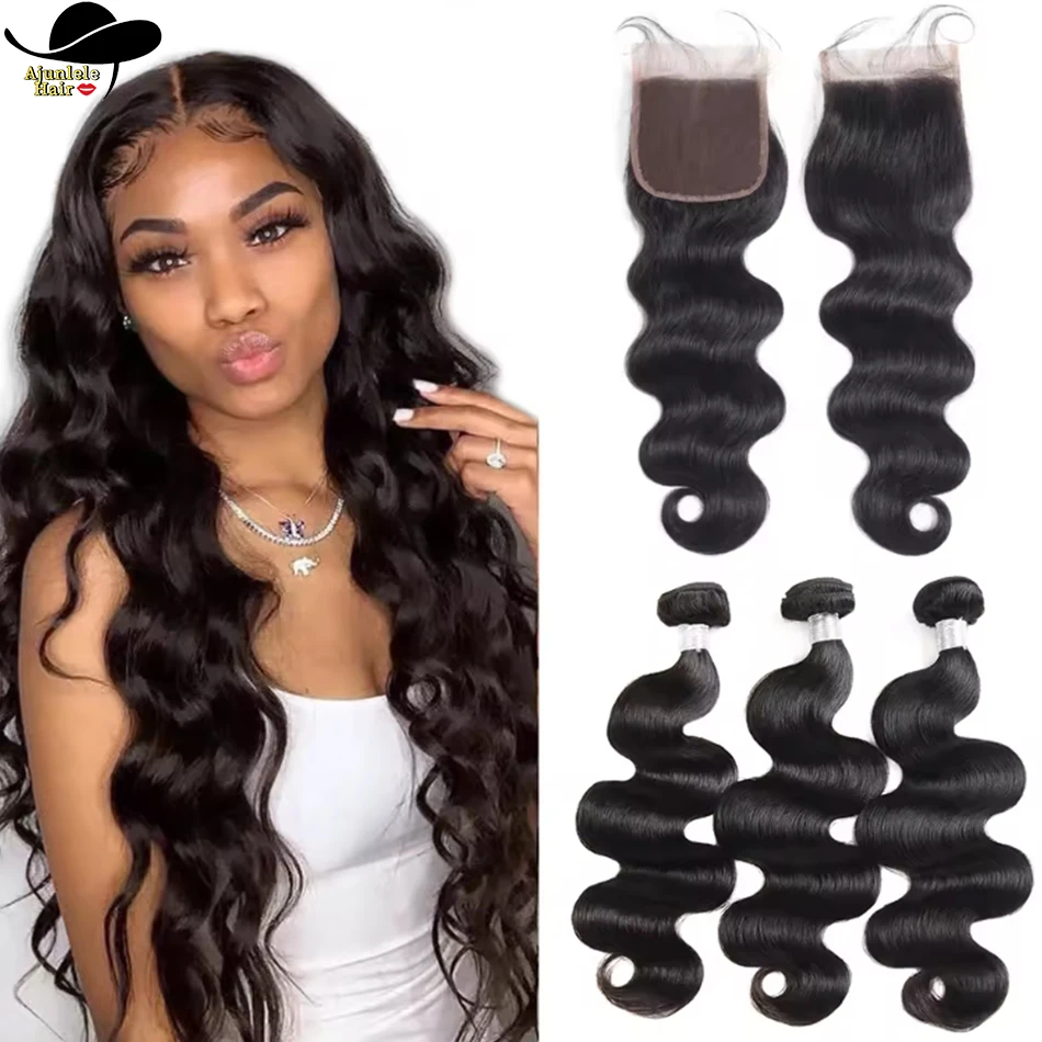 

Ajunlele Индийские пучки волос Remy с кружевной застежкой 4x4 с пучками Натуральный цвет Объемная волна Наращивание волос оптом