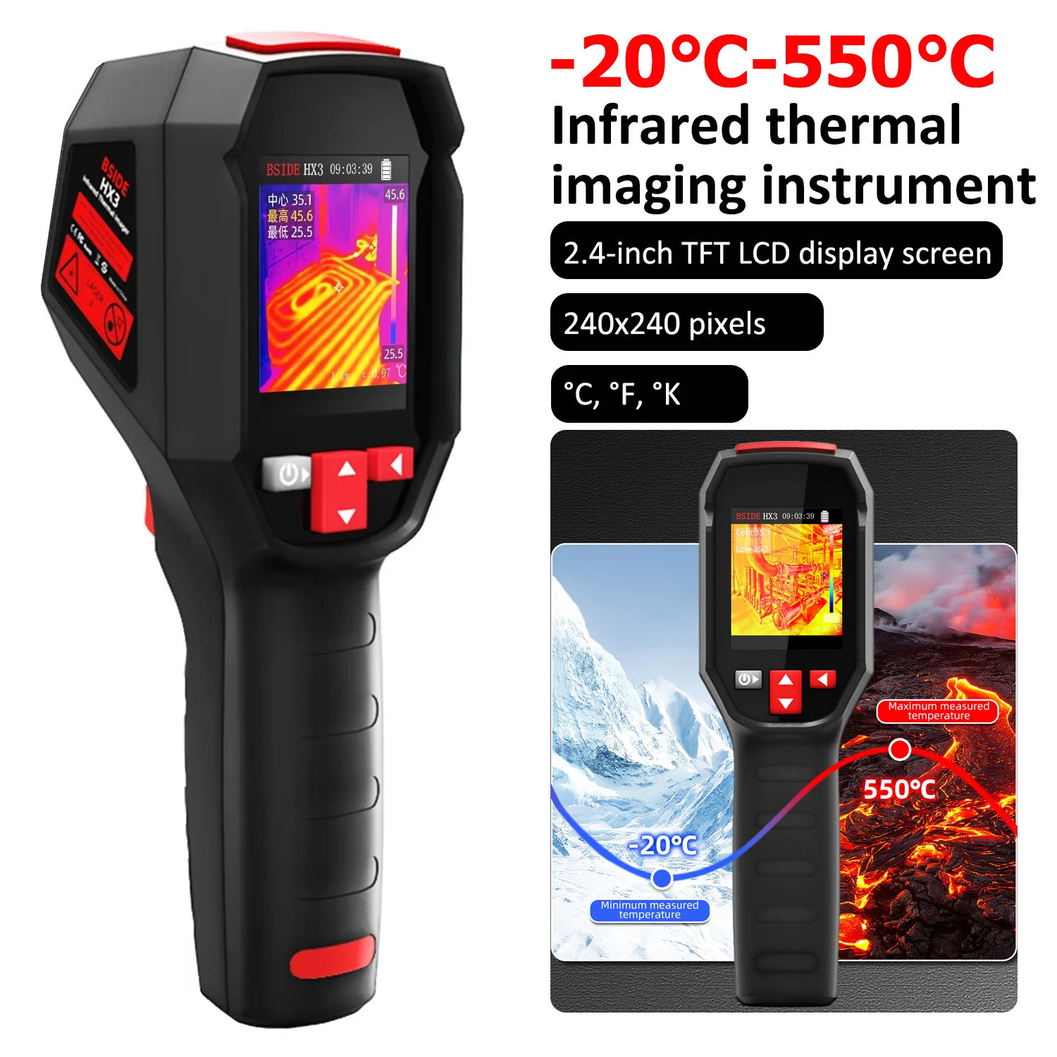 -20-550 ℃   Wärmebildkamera, 2,4-Zoll-TFT-Bildschirm, Infrarot-Thermometer, HD-Auflösung für die