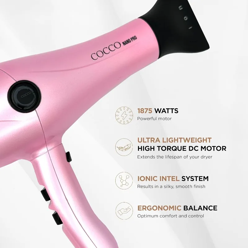 Cocco Nano Pro Hair Dryer, Ultra Lightweight, Ionic Intel System, Ceramic Spheres Technology, Professional Performance, Pink