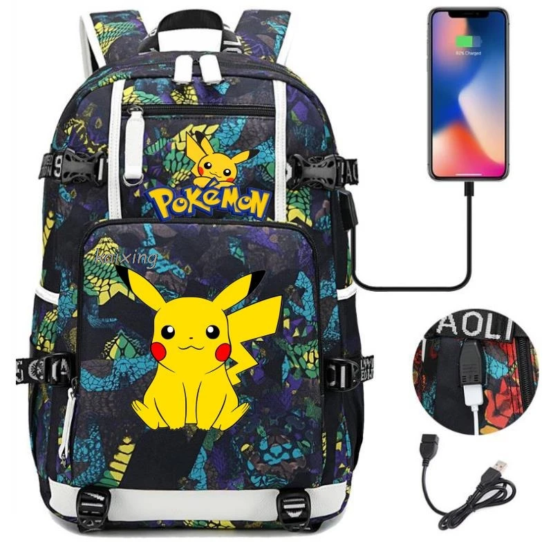 Hot Miniso Set Pikachu Pokémon Mannen Vrouwen Usb Opladen Laptop Reizen Rugzakken Jongens Meisjes Tiener School Tassen Mochila