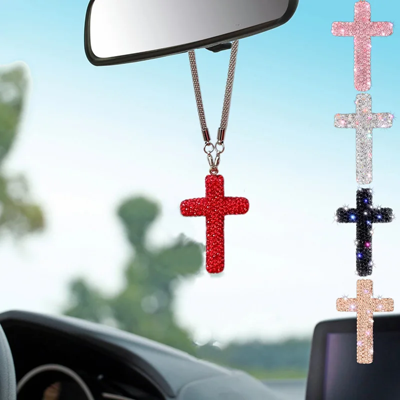 

Sparkling Crystal Diamond Cross Car Mirror Hanger Crucifix Pendant Decor Universal Auto Interior Accessory Vehicle Ornament